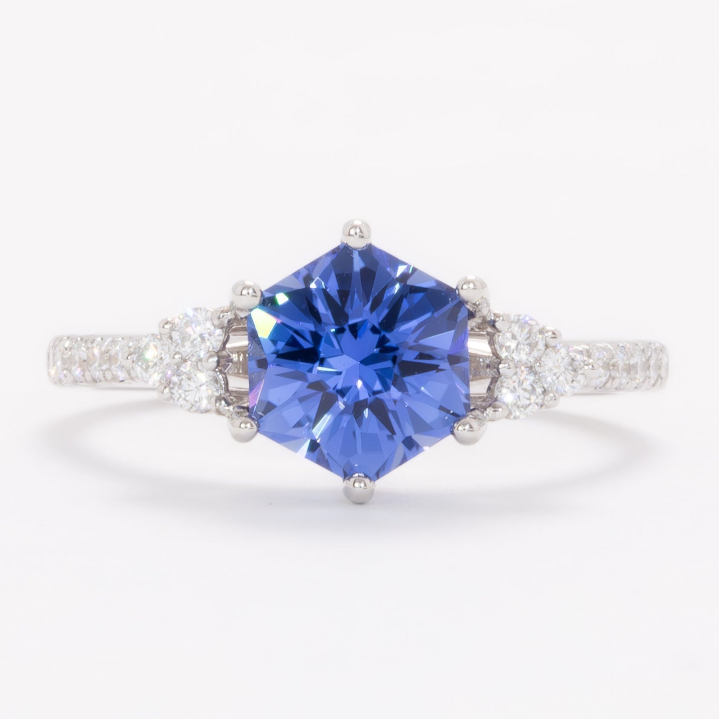 juliette wedding set with blue hex cut lab sapphire