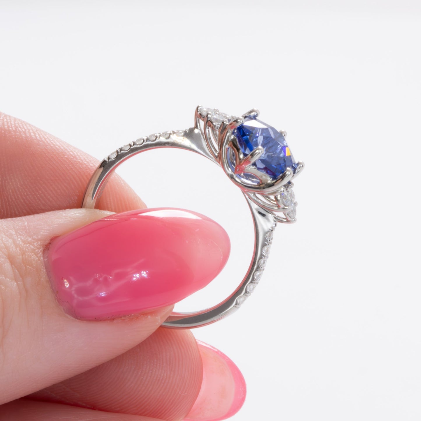juliette wedding set with blue hex cut lab sapphire