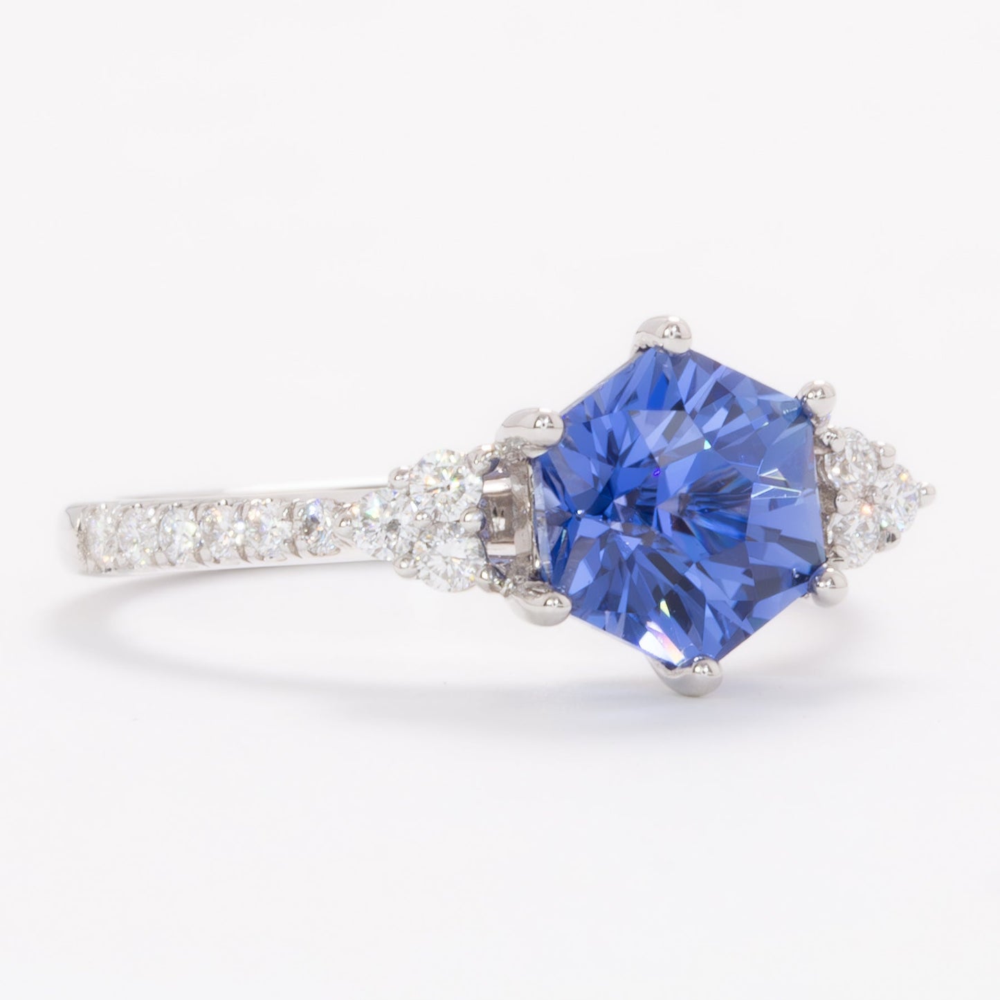 juliette wedding set with blue hex cut lab sapphire
