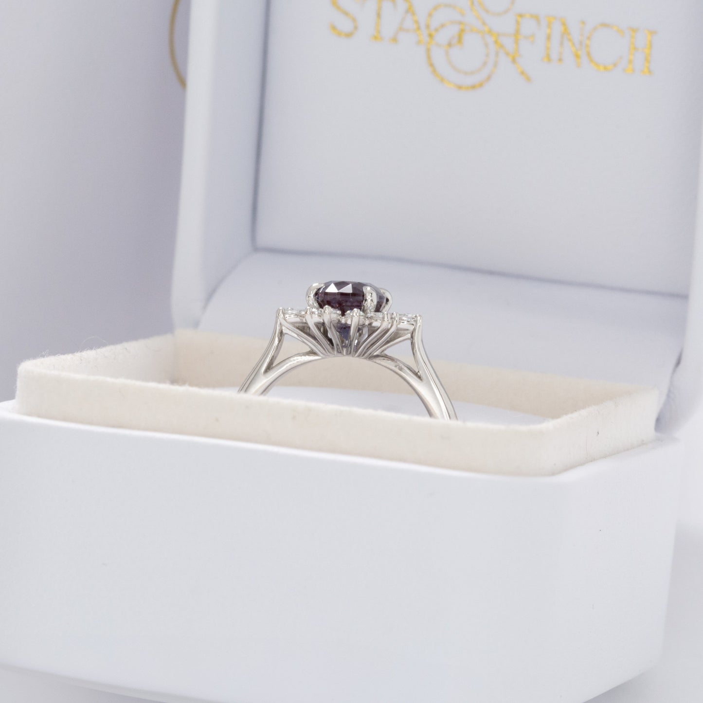 kenna halo engagement ring with oval lab alexandrite