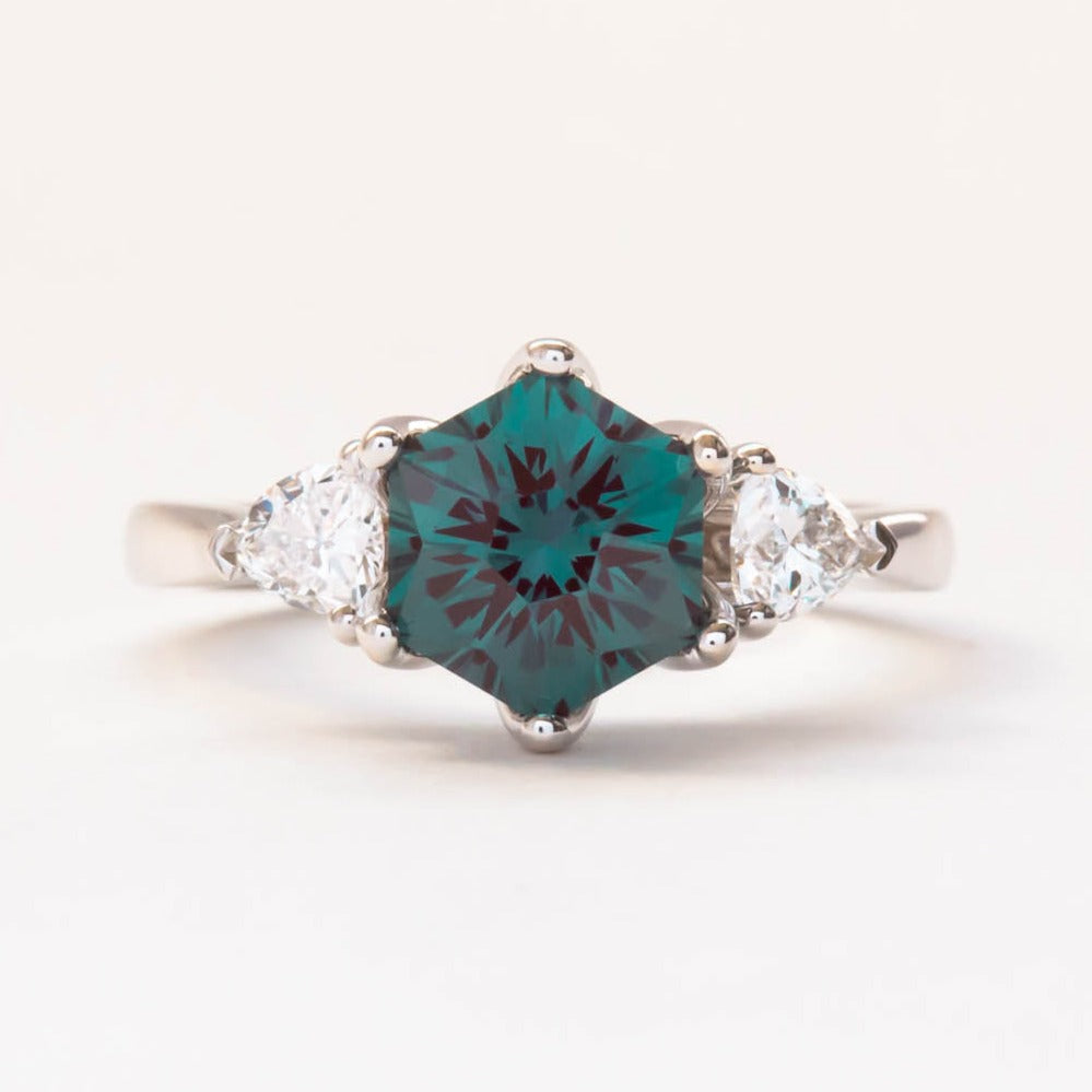 3 stone ring hex lab alexandrite and trillion lab diamonds