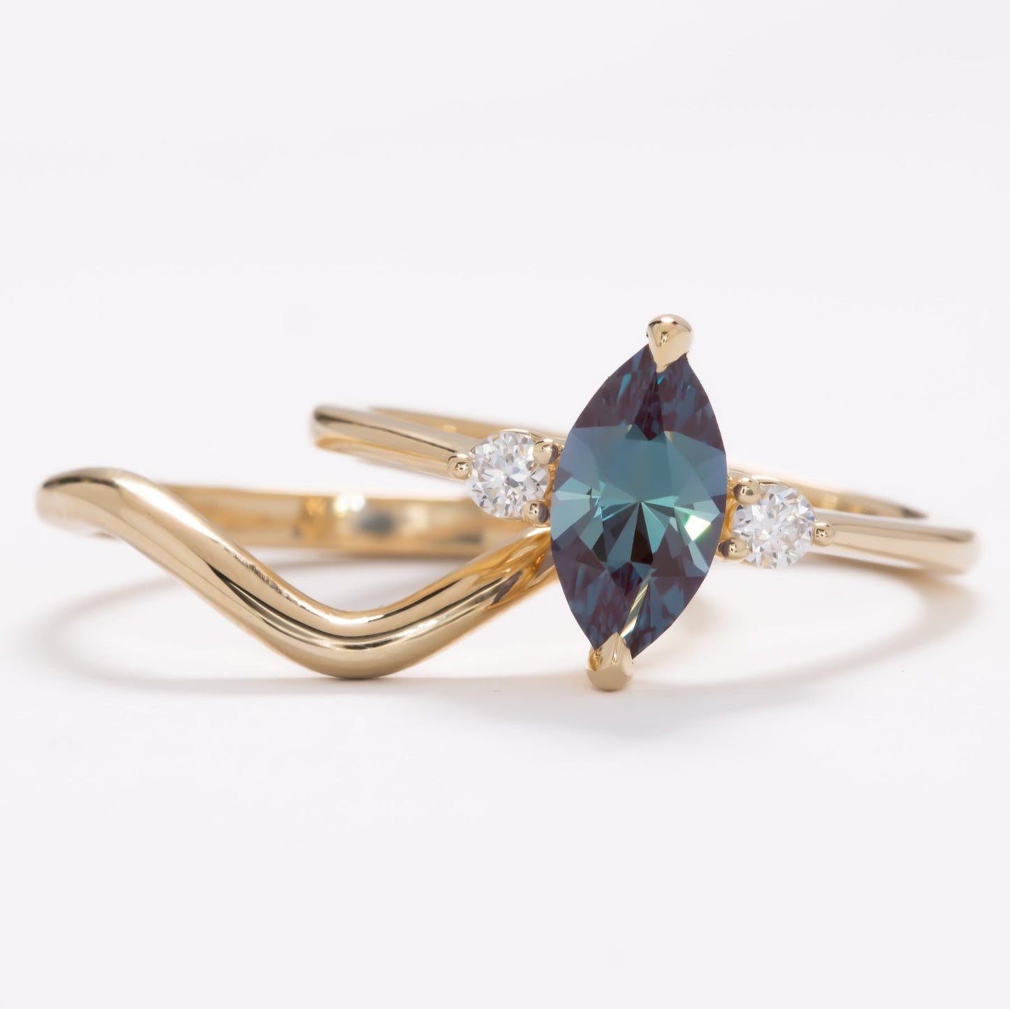 lab alexandrite marquise wedding set in yellow gold