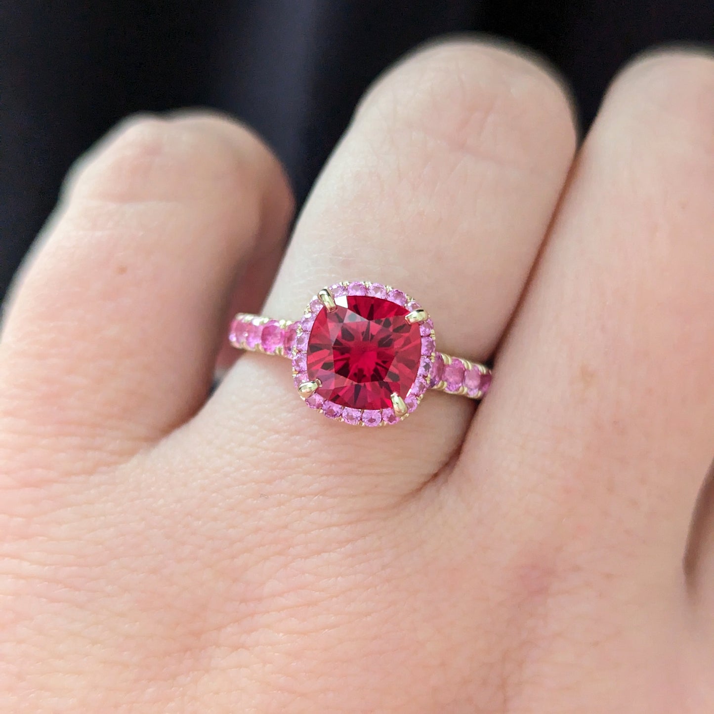 lab ruby engagement ring with pink lab sapphire halo