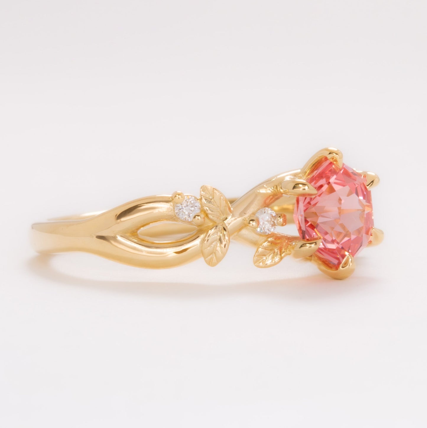 lillian nature inspired ring with pink hex cut lab sapphire