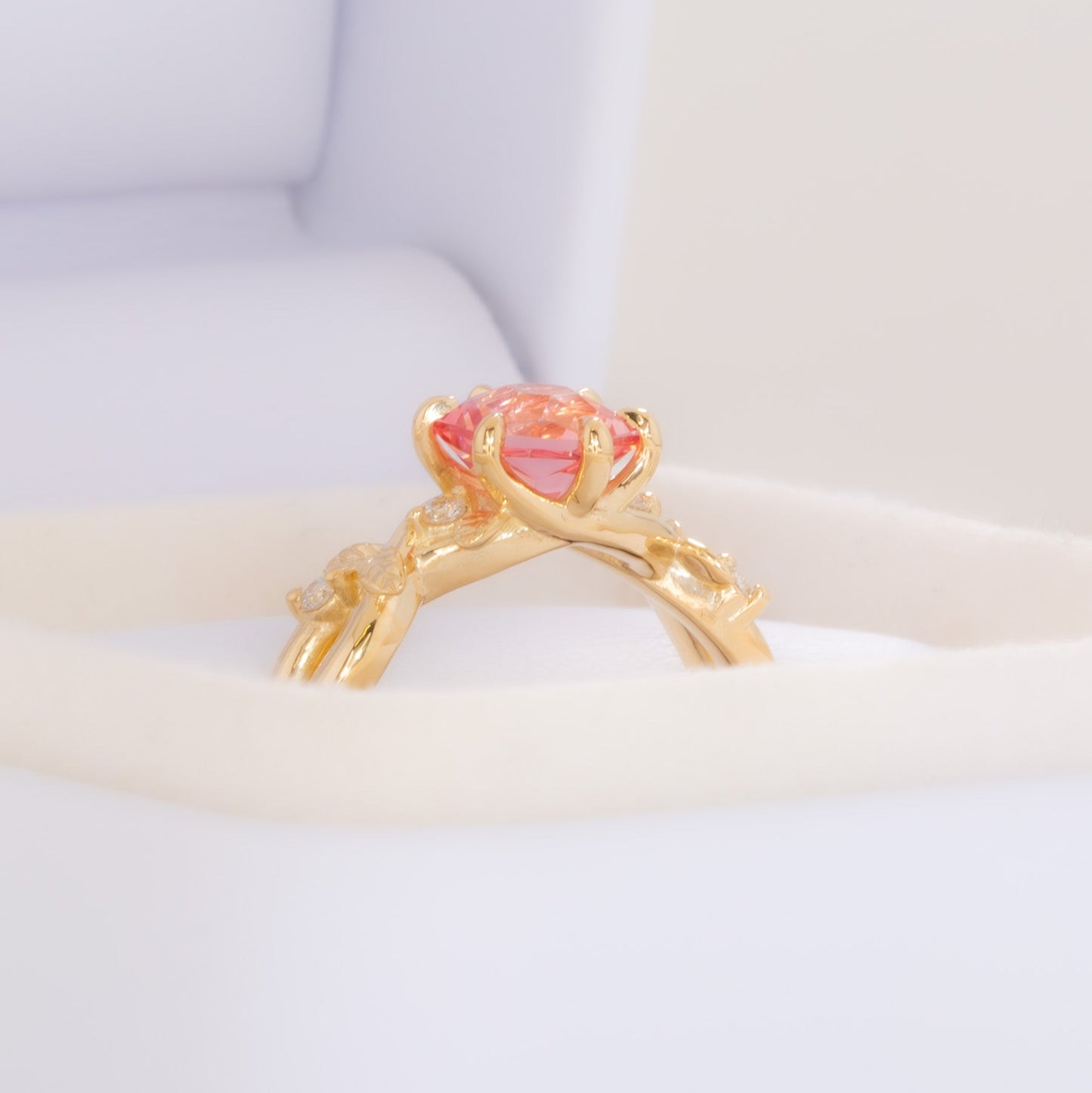lillian nature inspired ring with pink hex cut lab sapphire