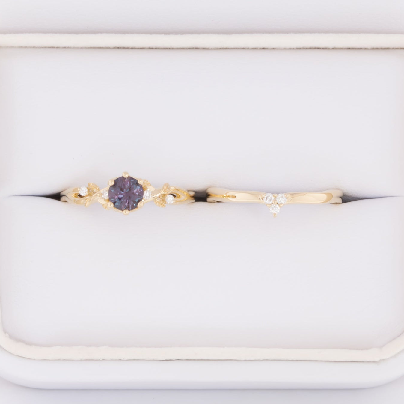 lillian nature inspired wedding set with round lab alexandrite