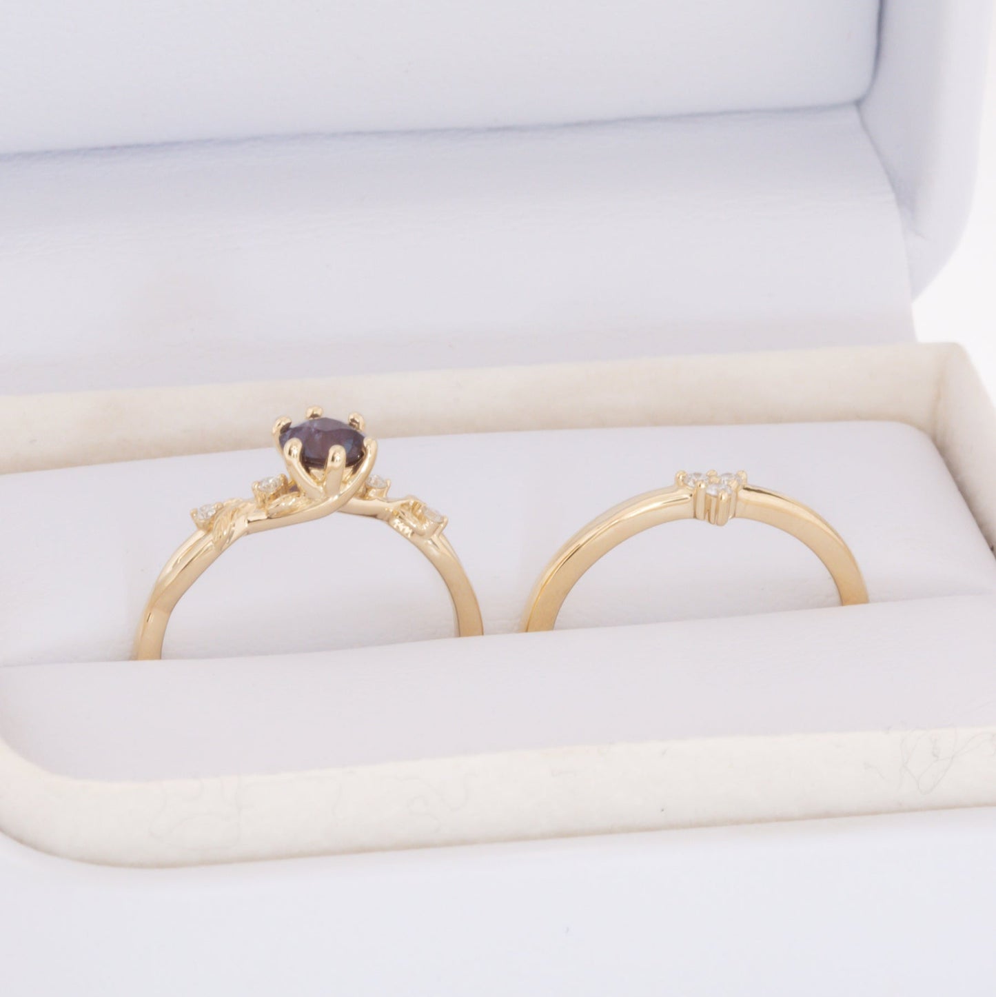 lillian nature inspired wedding set with round lab alexandrite