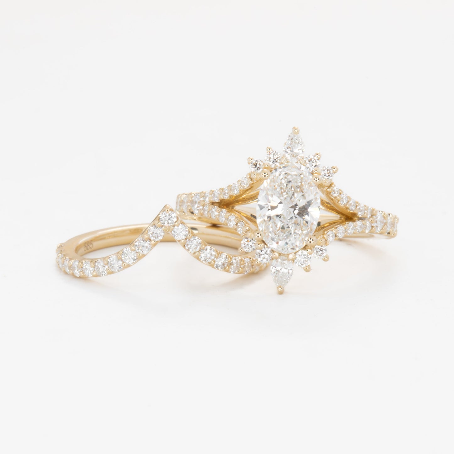 luna wedding set with oval lab diamond in yellow gold