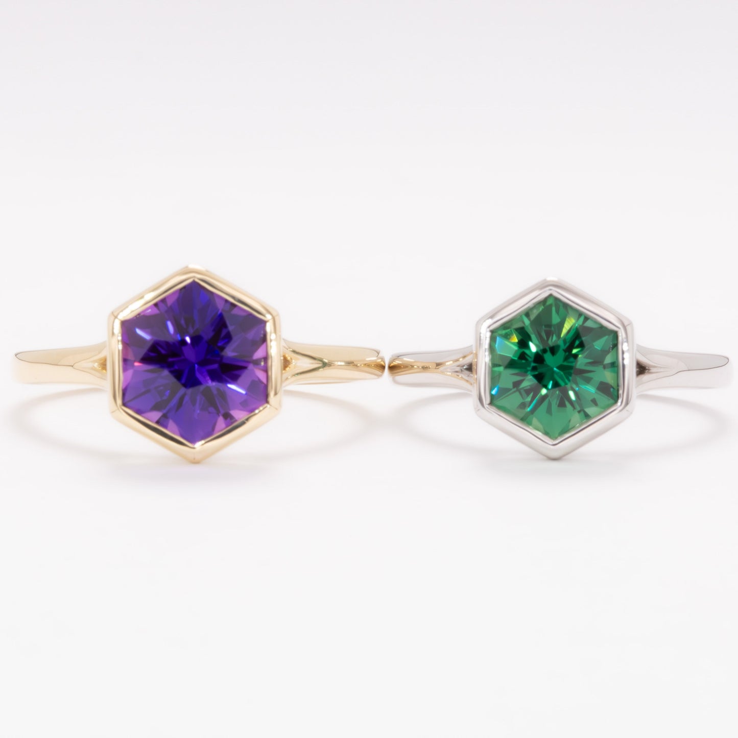 margot bezel set solitaire ring with hex cut lab sapphire