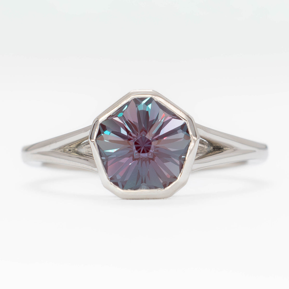 margot split shank solitaire ring with hanami flower bezel set lab alexandrite