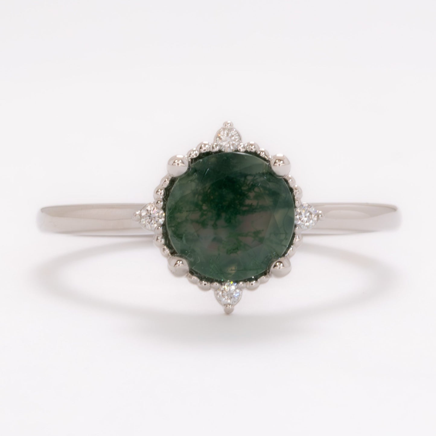 meagan vintage inspired halo ring with round moss agate