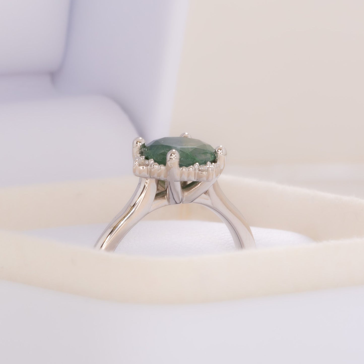 meagan vintage inspired halo ring with round moss agate