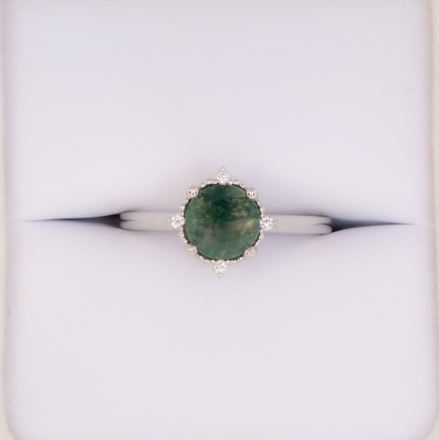 meagan vintage inspired halo ring with round moss agate