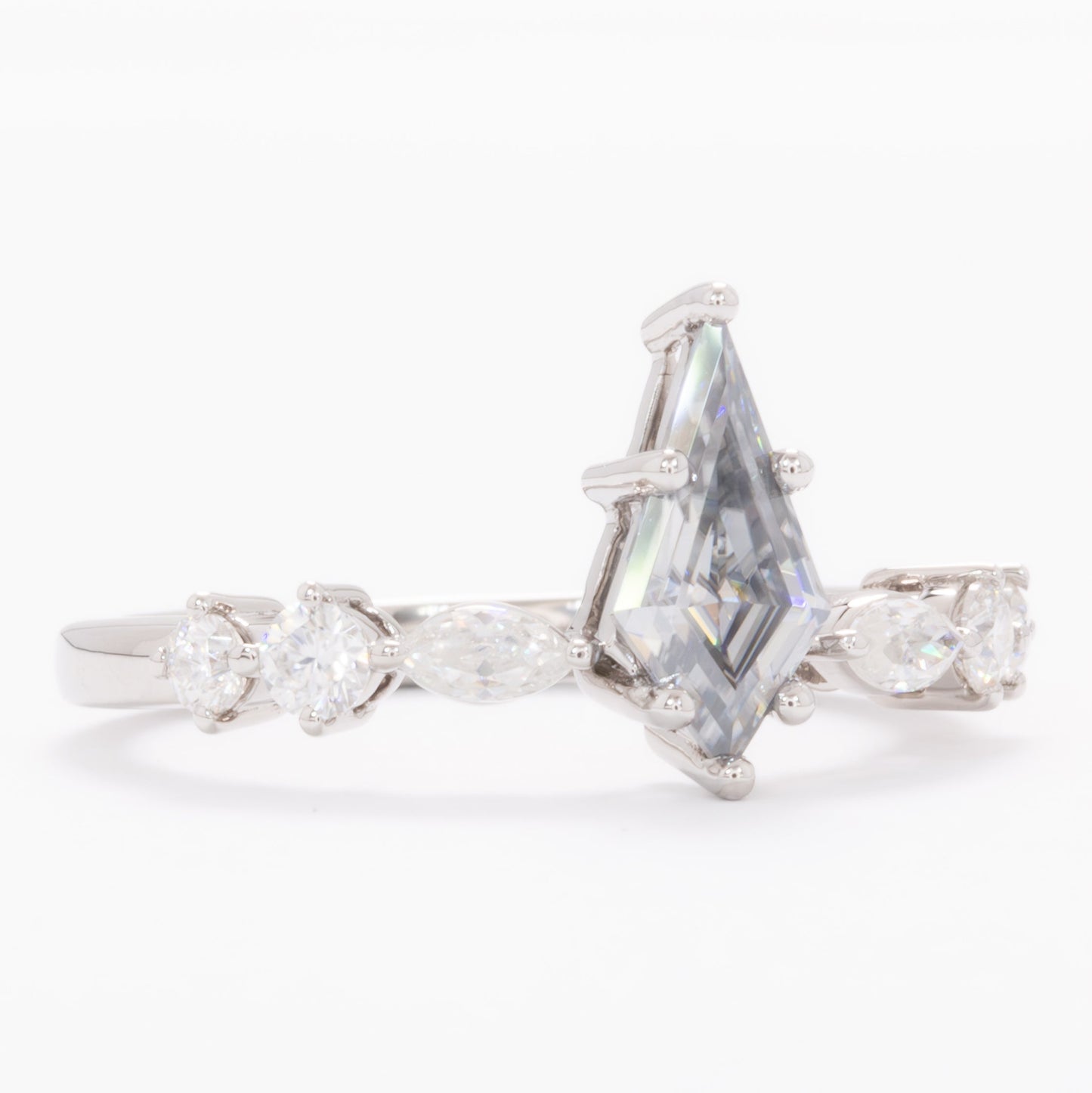 grey moissanite kite engagement ring