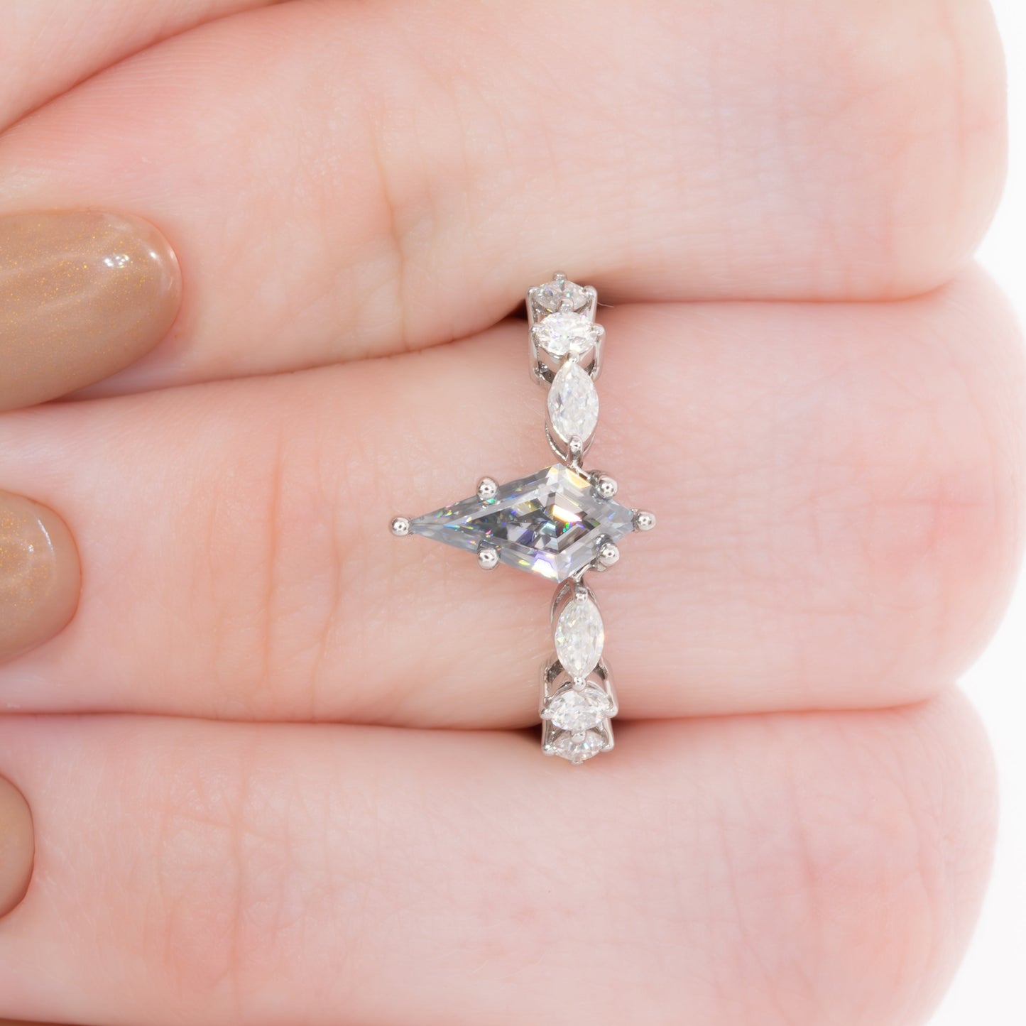 grey moissanite kite engagement ring