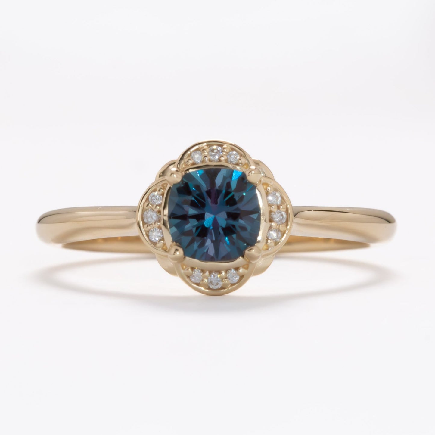 nature inspired ring with lab alexandrite cushion