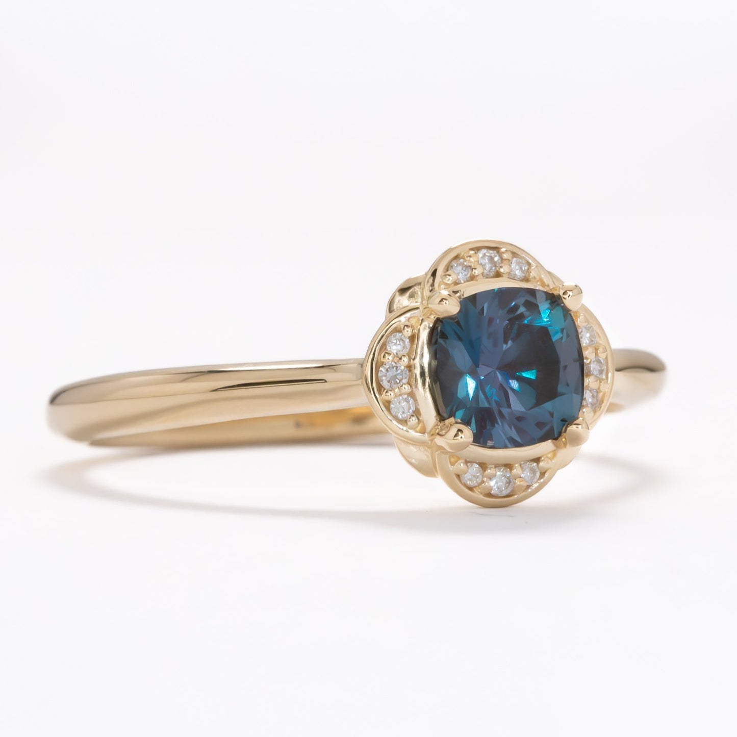 nature inspired ring with lab alexandrite cushion