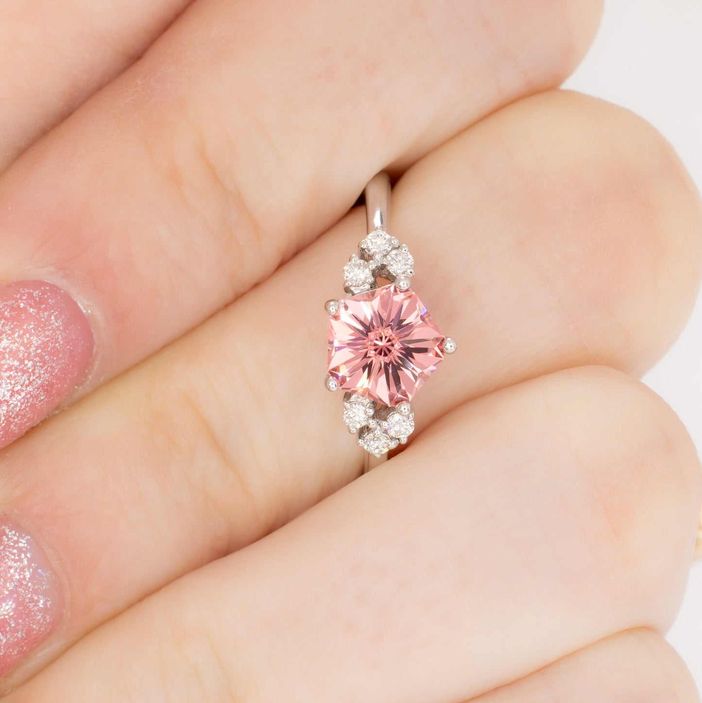 pink lab sapphire hanami engagement ring in white gold