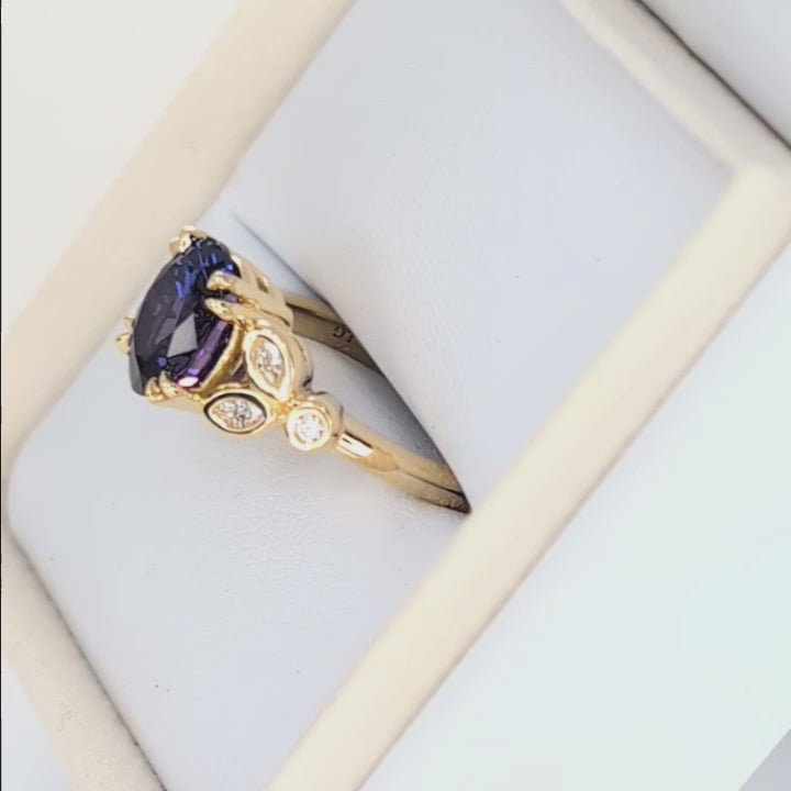 eloise engagement ring in yellow gold with oval purple lab sapphire