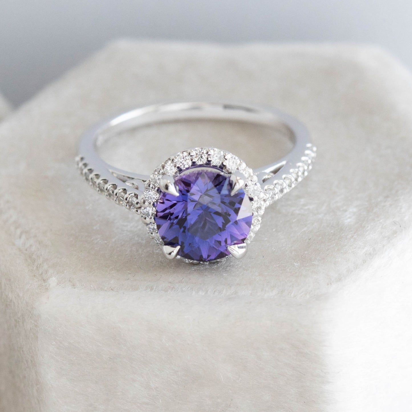 purple lab sapphire engagement ring in white gold