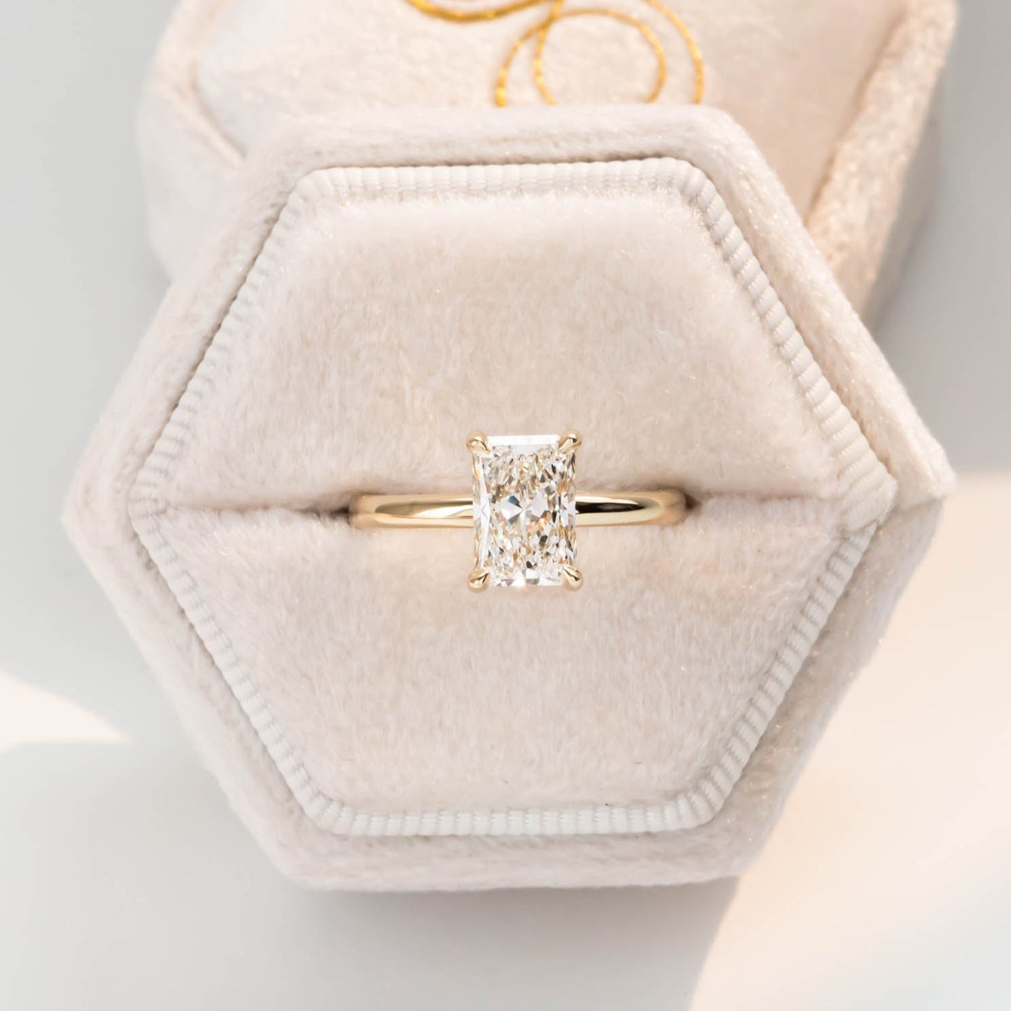 radiant lab diamond hidden halo engagement ring