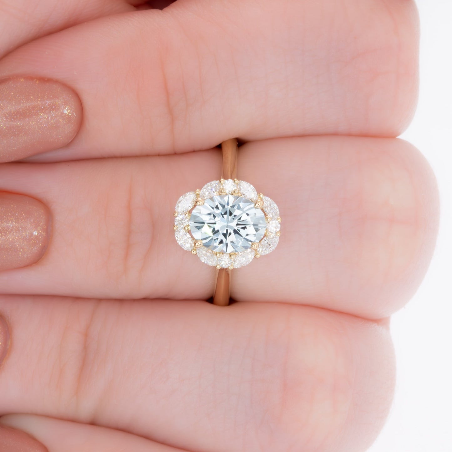 renee halo engagement ring with oval lab sapphire