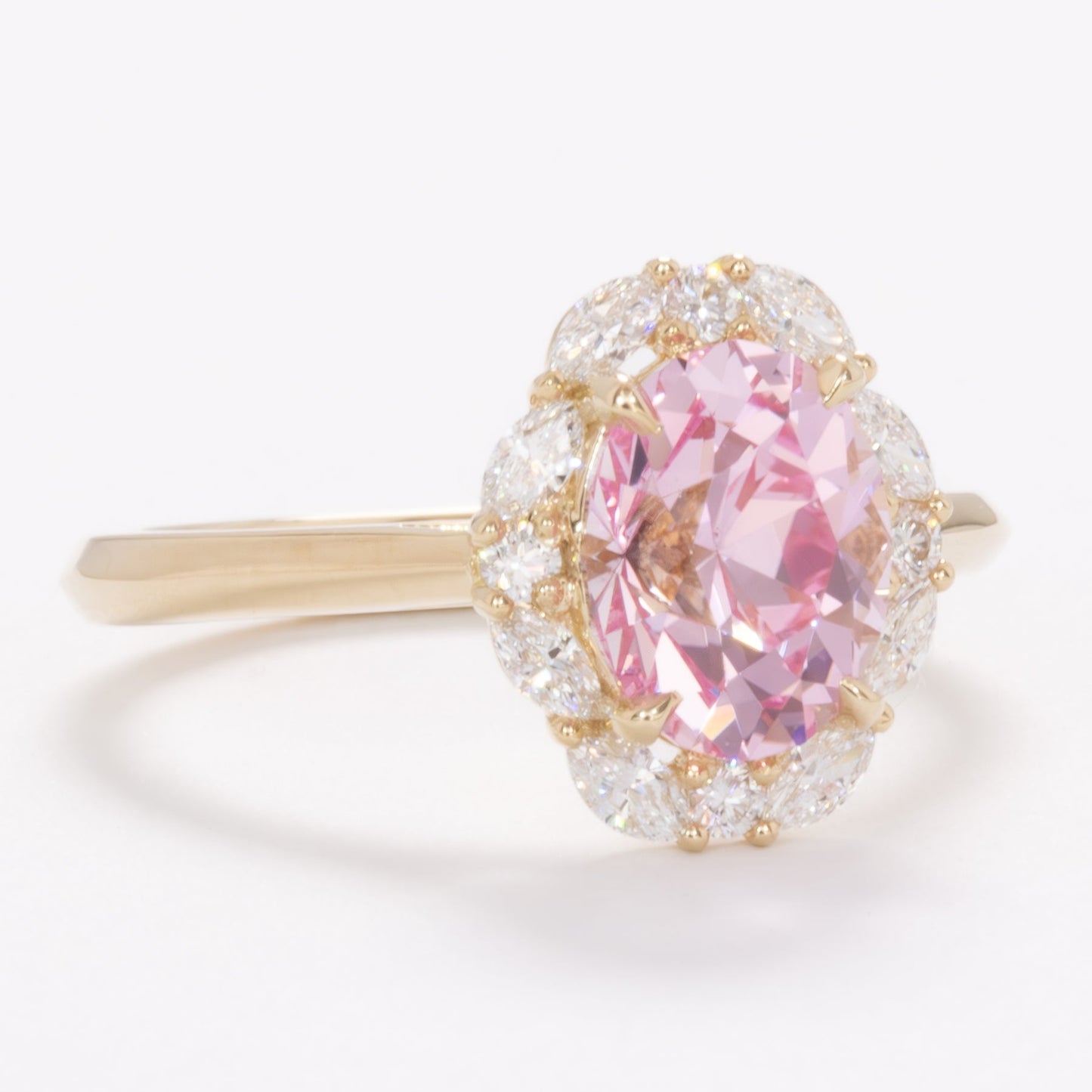 renee halo ring with oval pink lab sapphire