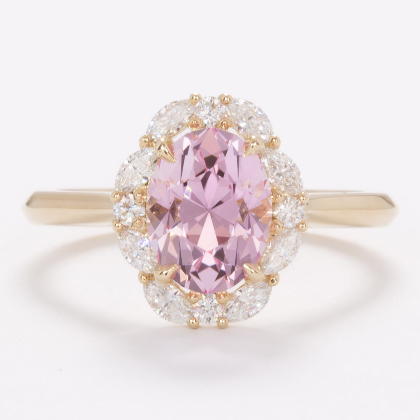 renee halo ring with oval pink lab sapphire