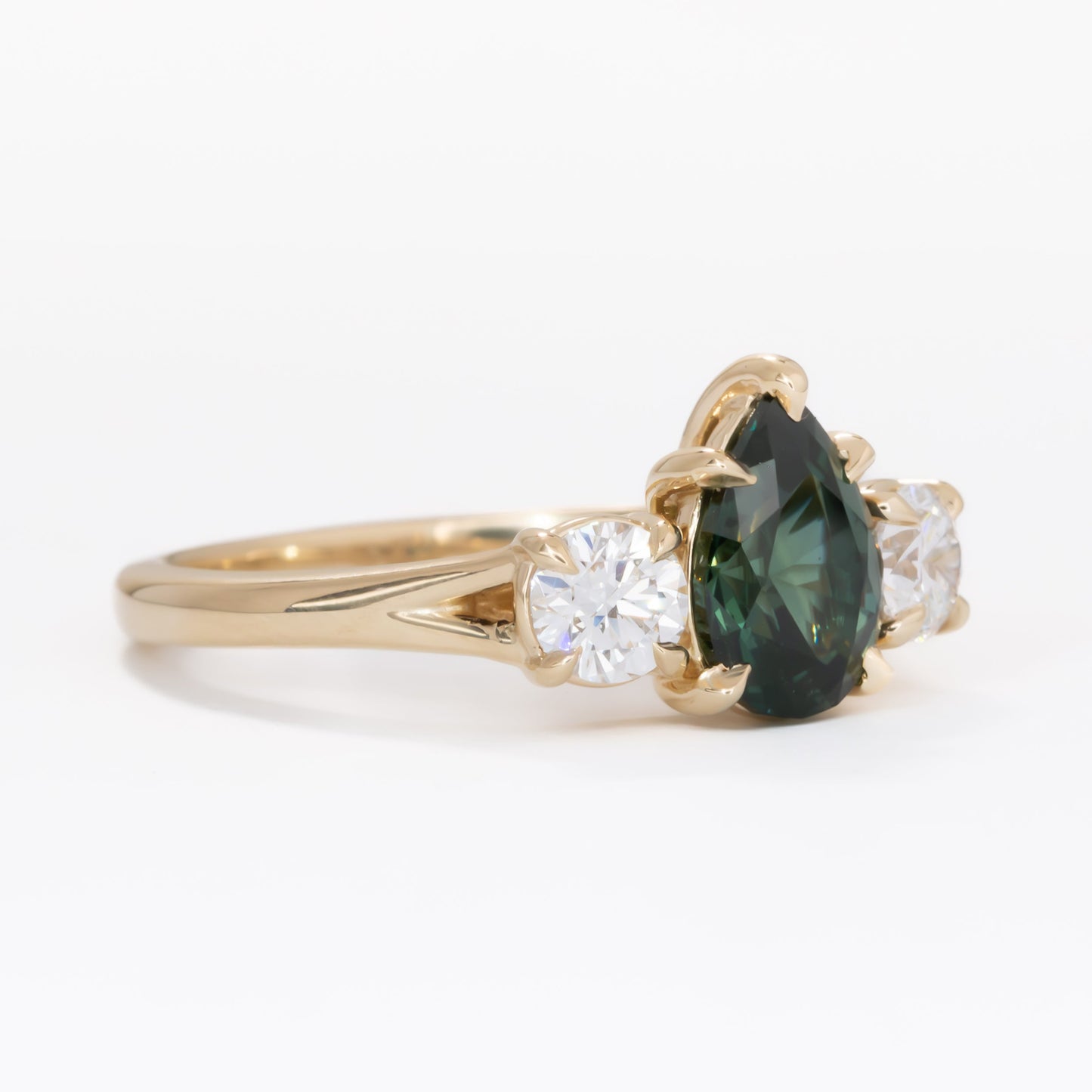 rylee three stone engagement ring with pear green lab sapphire