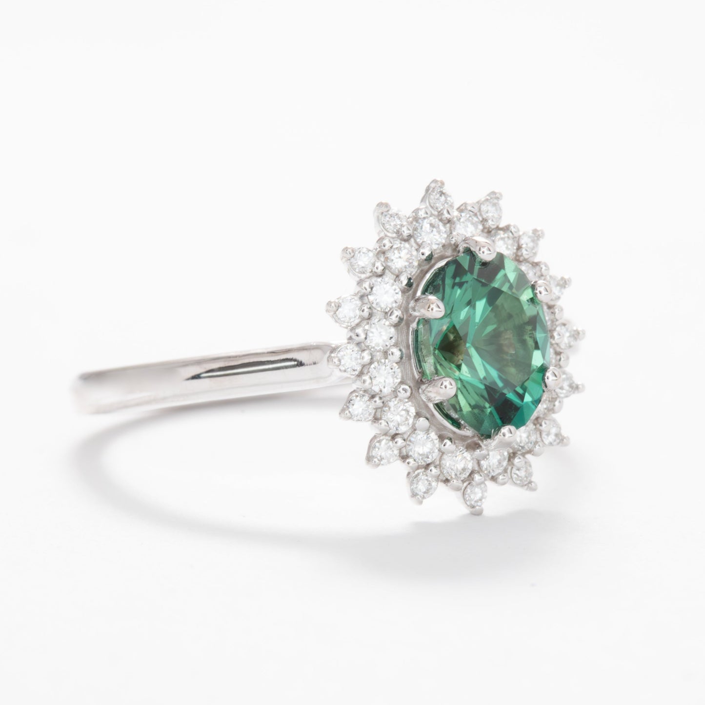 sabela double halo engagement ring with oval green lab sapphire