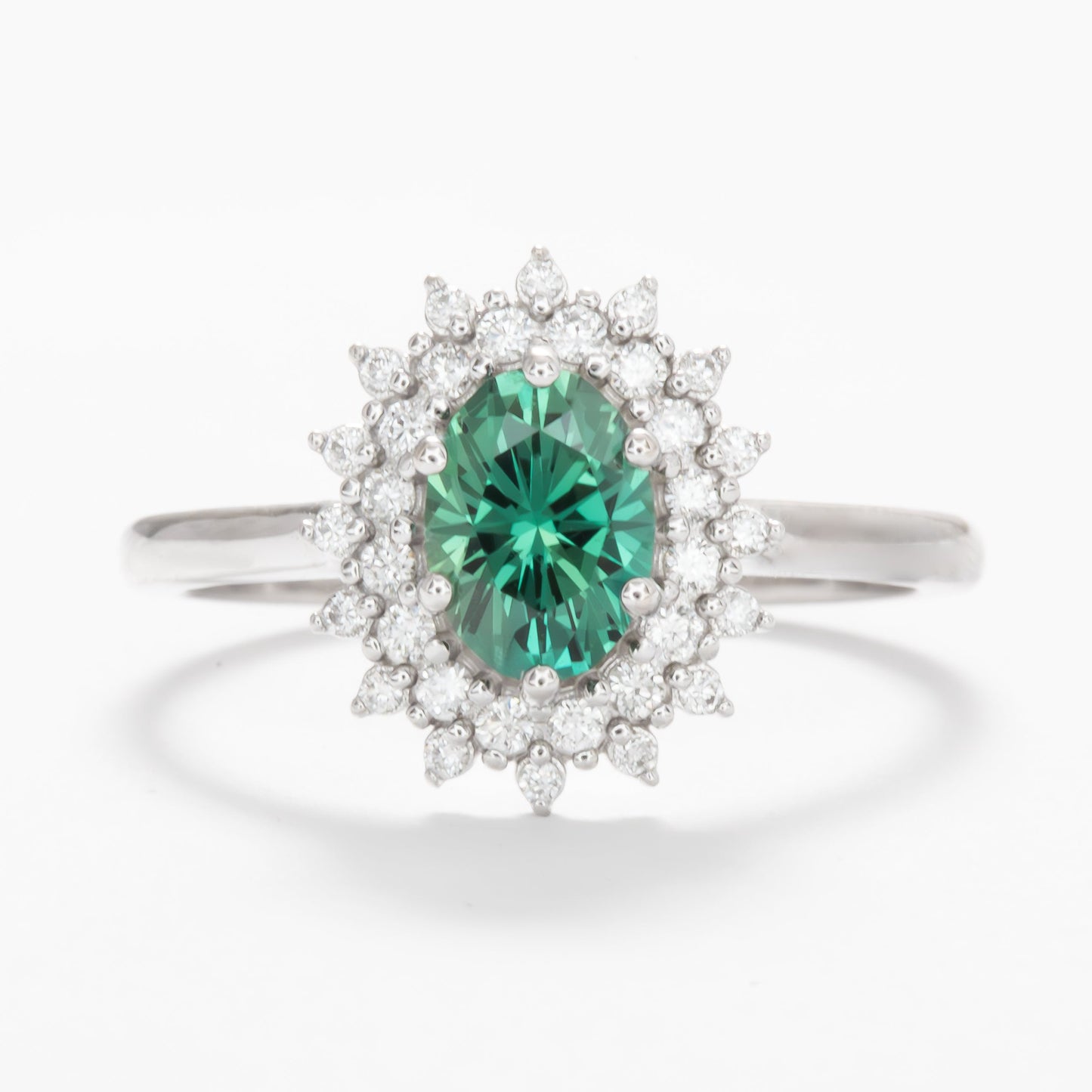 sabela double halo engagement ring with oval green lab sapphire