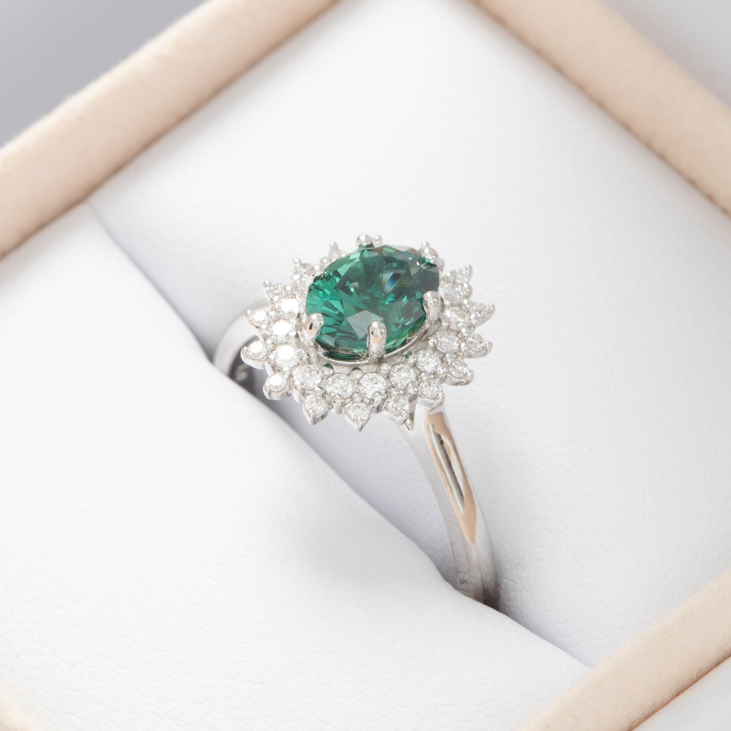 sabela double halo engagement ring with oval green lab sapphire