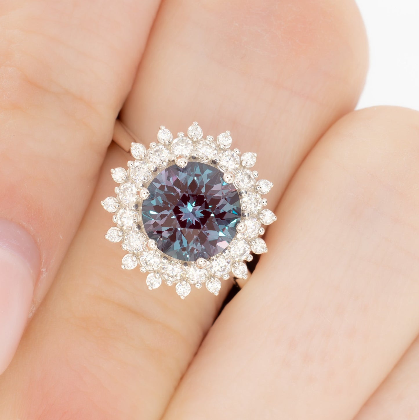 sabela halo engagement ring with round lab alexandrite