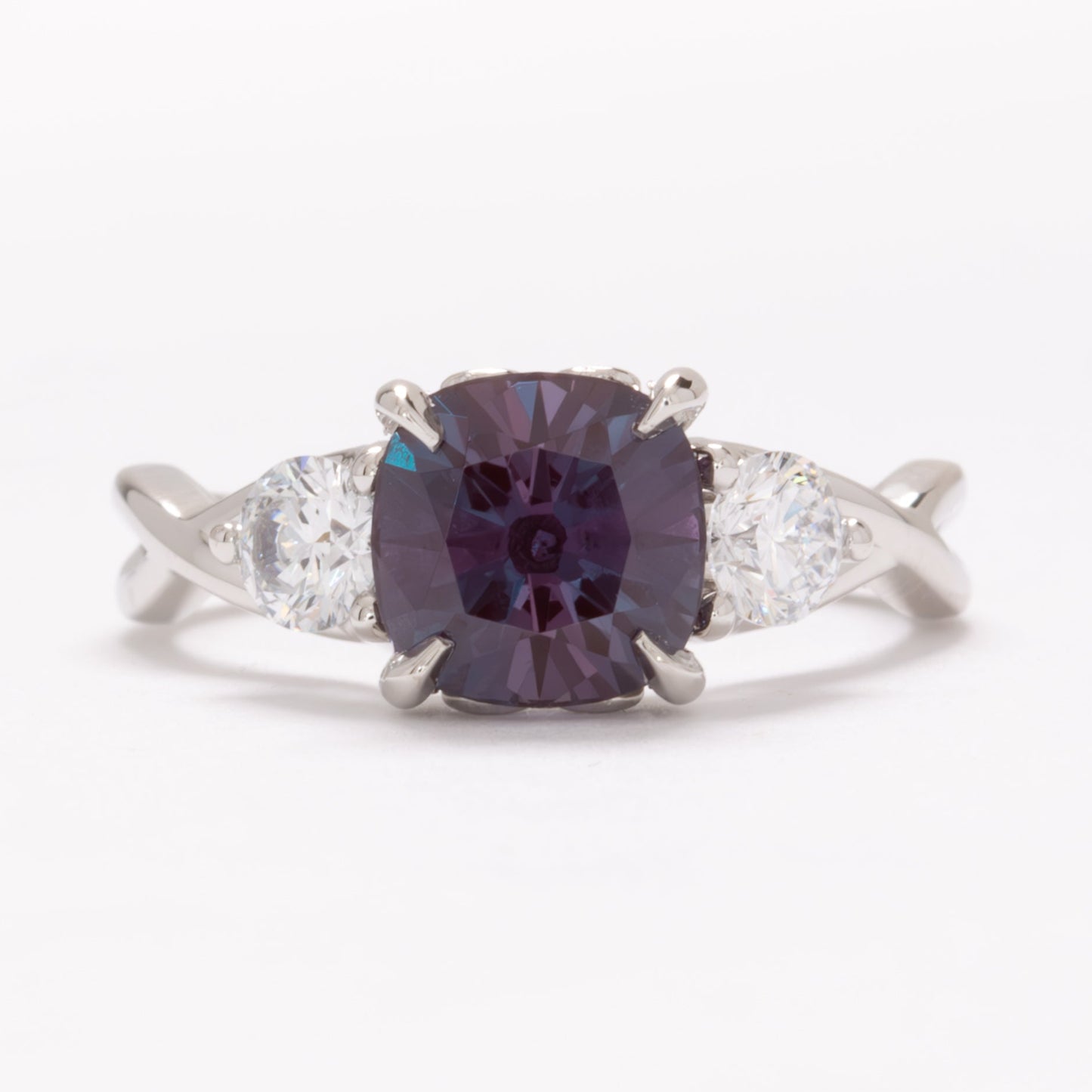 shasta three stone engagement ring with cushion lab alexandrite