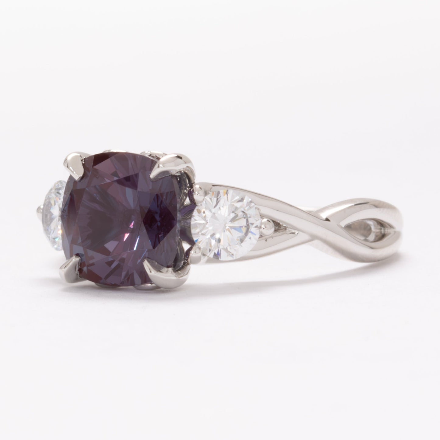 shasta three stone engagement ring with cushion lab alexandrite