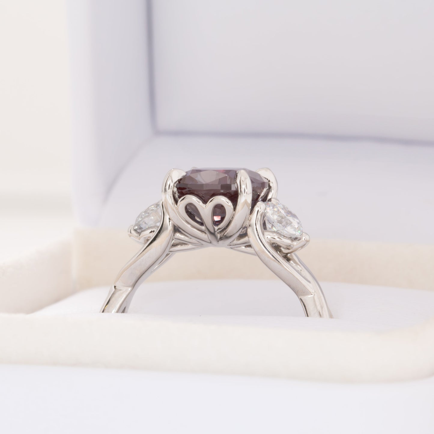 shasta three stone engagement ring with cushion lab alexandrite