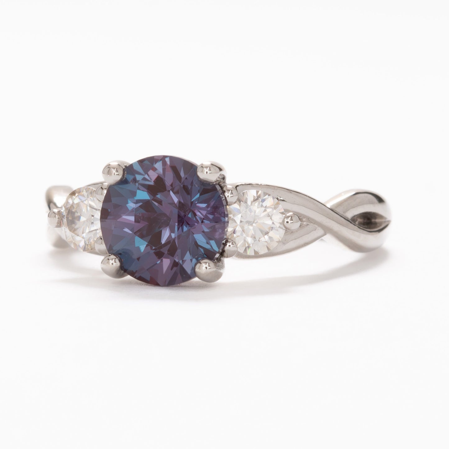 shasta three stone engagement ring with round lab alexandrite