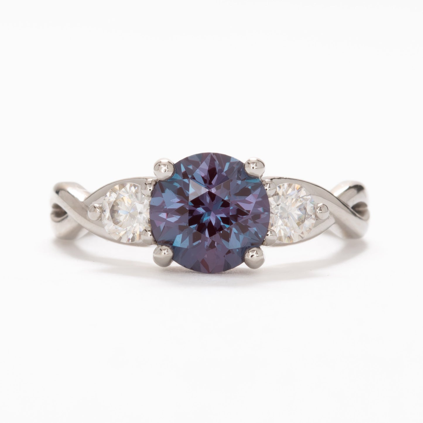 shasta three stone engagement ring with round lab alexandrite
