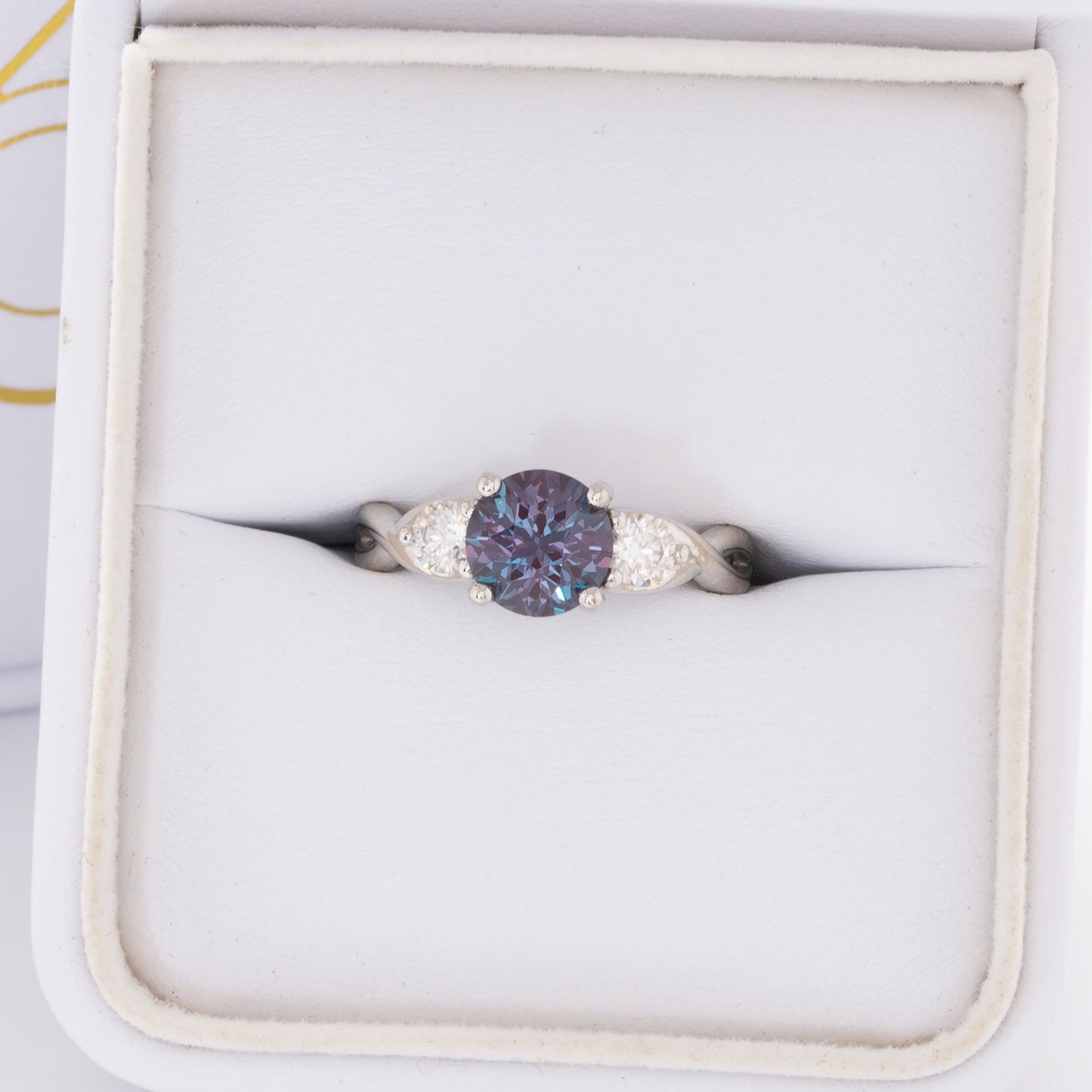 shasta three stone engagement ring with round lab alexandrite