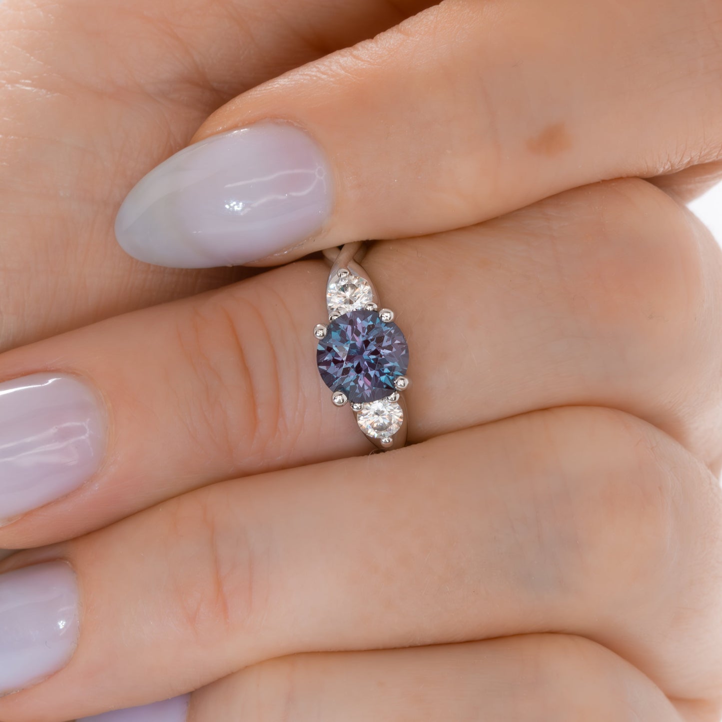 shasta three stone engagement ring with round lab alexandrite