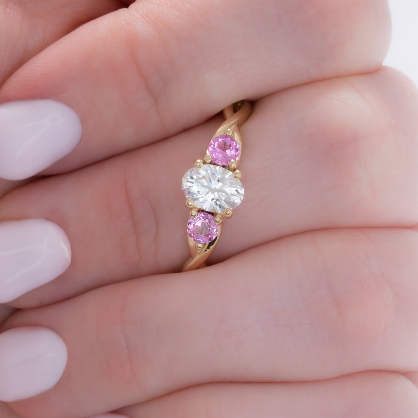 shasta three stone engagement ring with white and pink lab sapphire