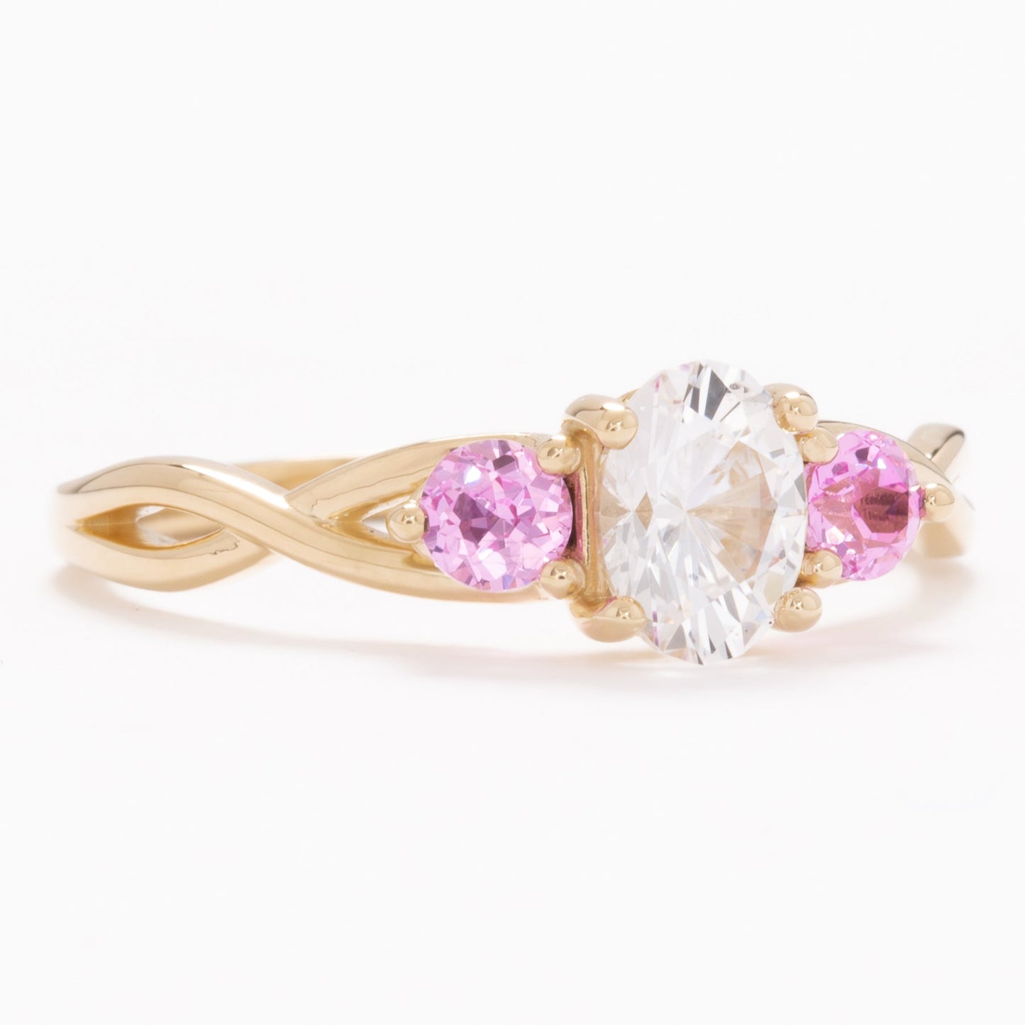 shasta three stone engagement ring with white and pink lab sapphire