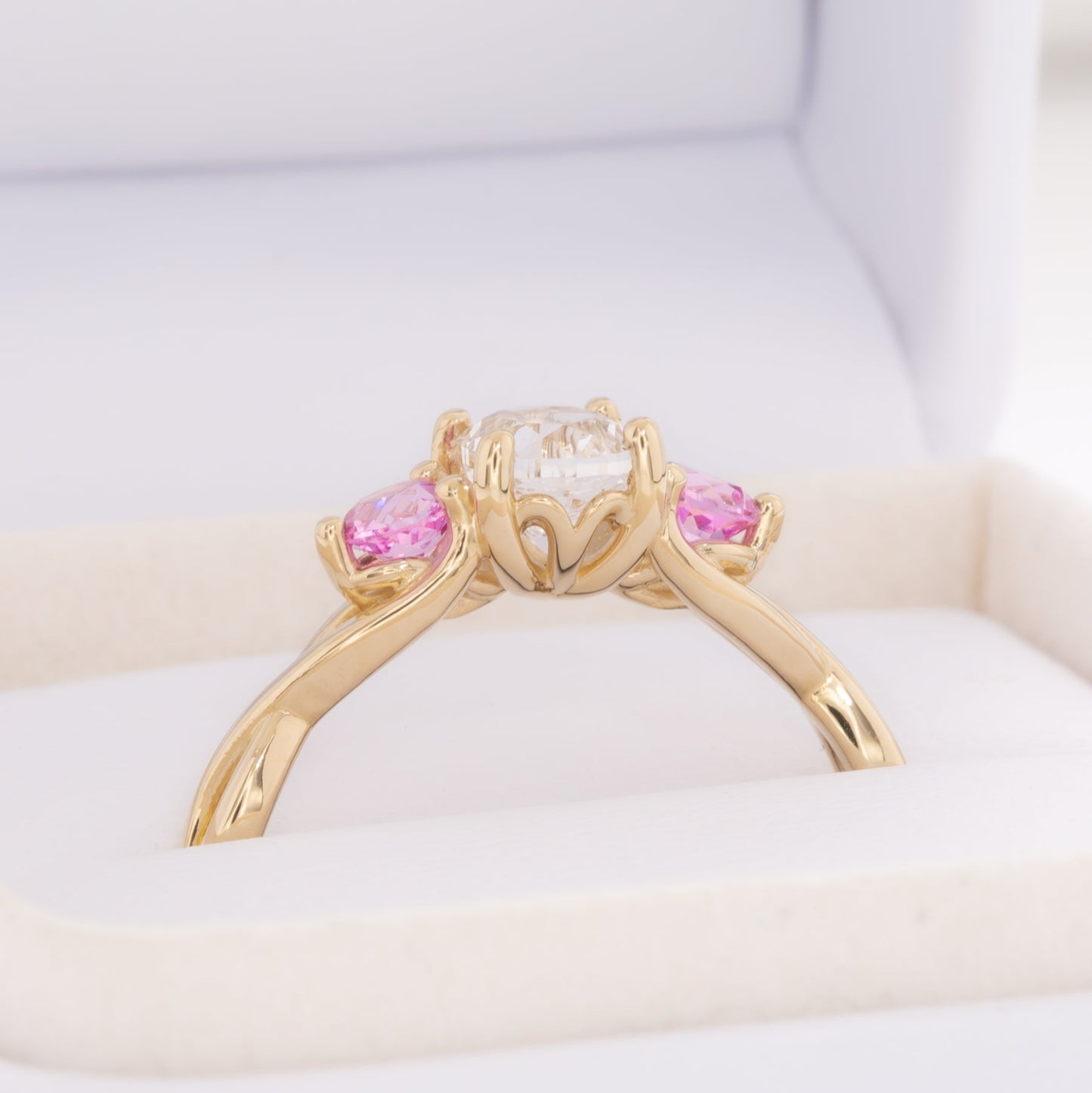 shasta three stone engagement ring with white and pink lab sapphire