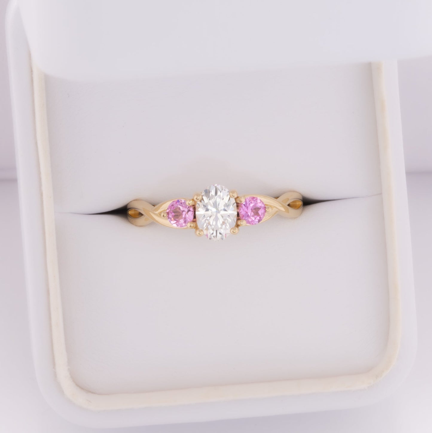 shasta three stone engagement ring with white and pink lab sapphire
