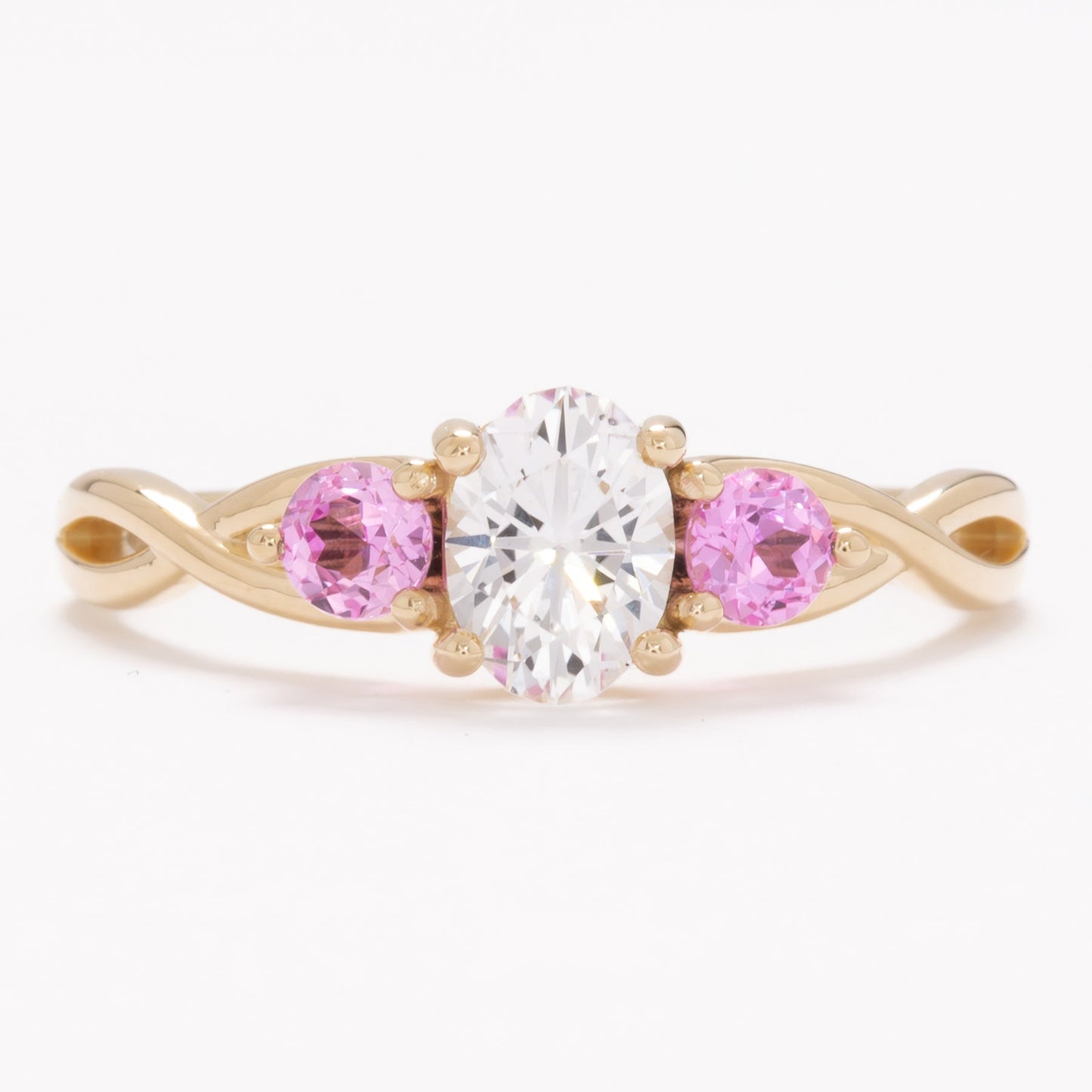 shasta three stone engagement ring with white and pink lab sapphire