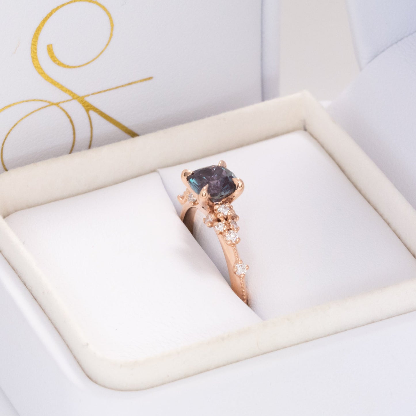 sloane ring with cushion cut lab alexandrite