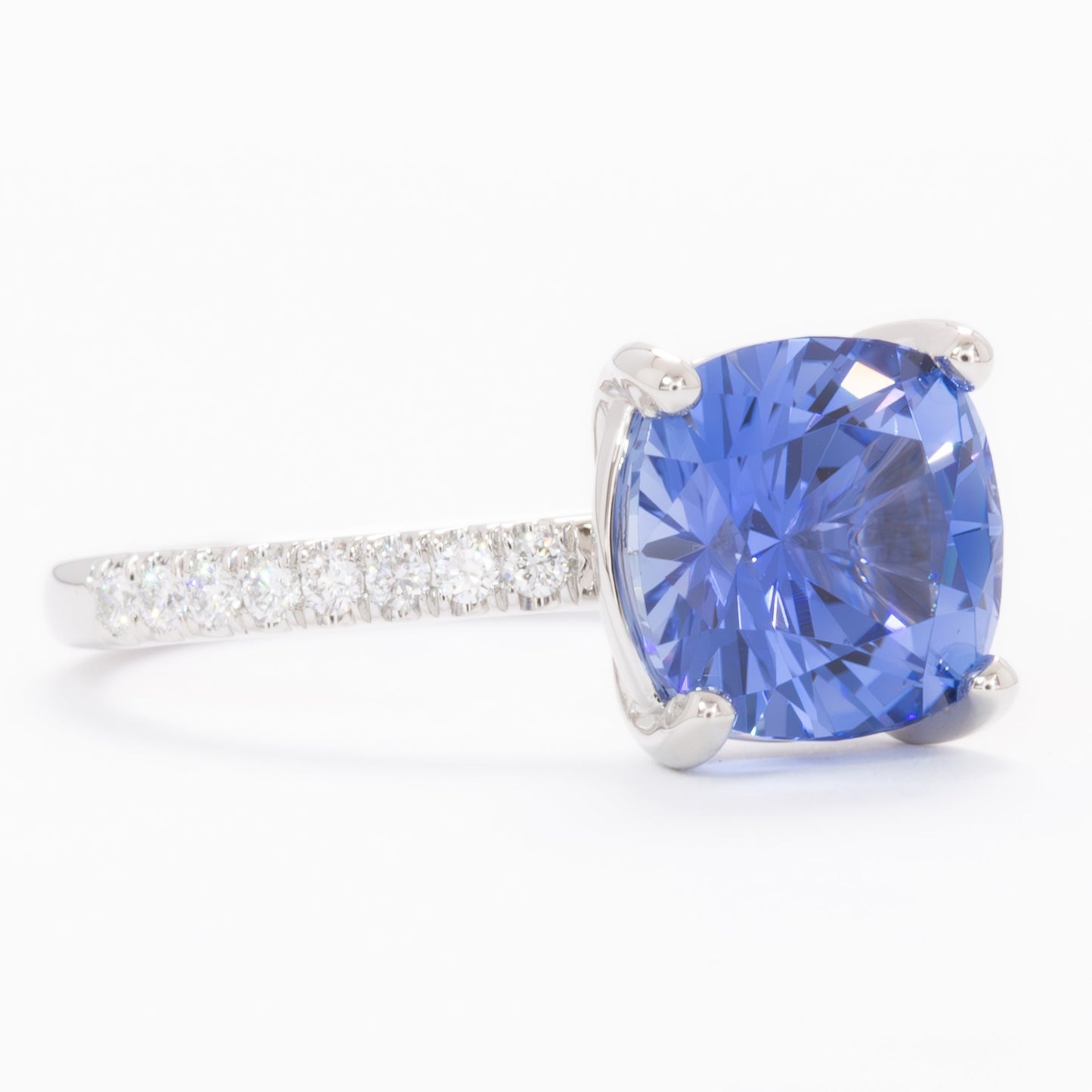 sofia engagement ring with blue cushion lab sapphire