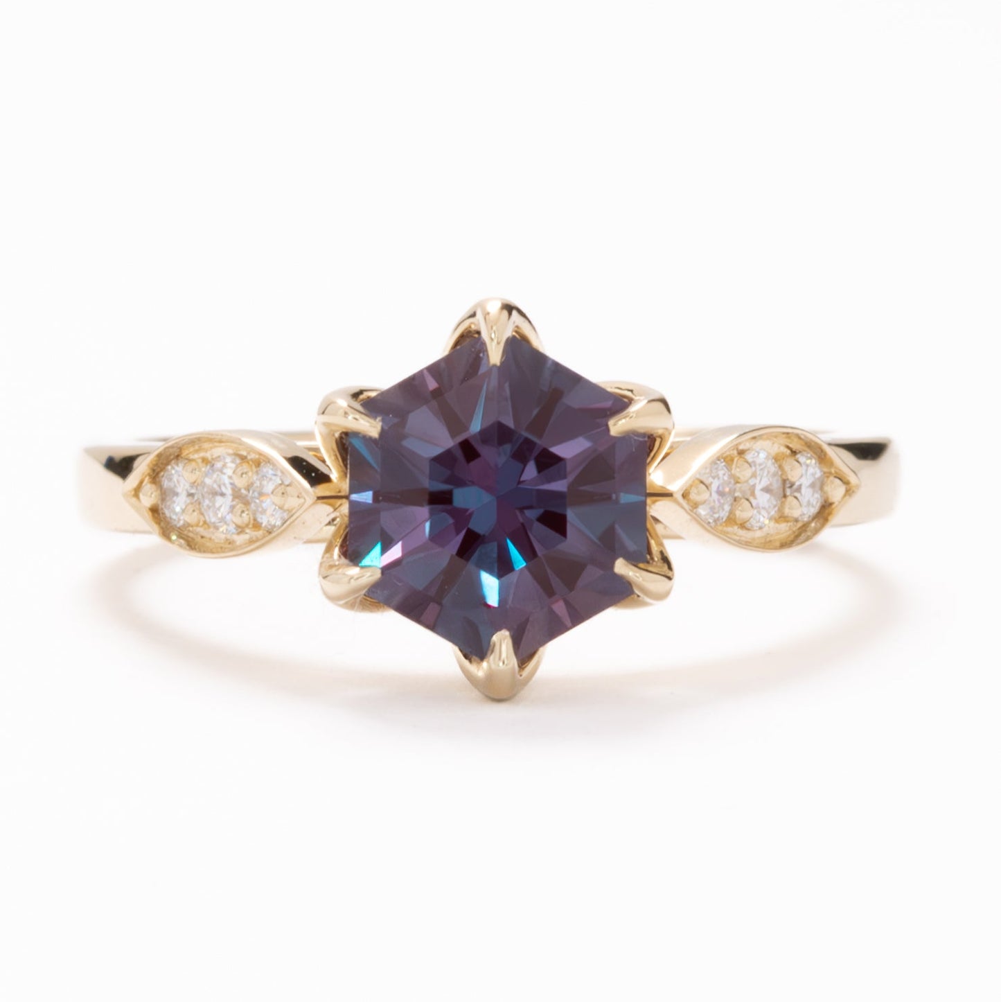 tabitha nature inspired engagement ring with hex cut lab alexandrite