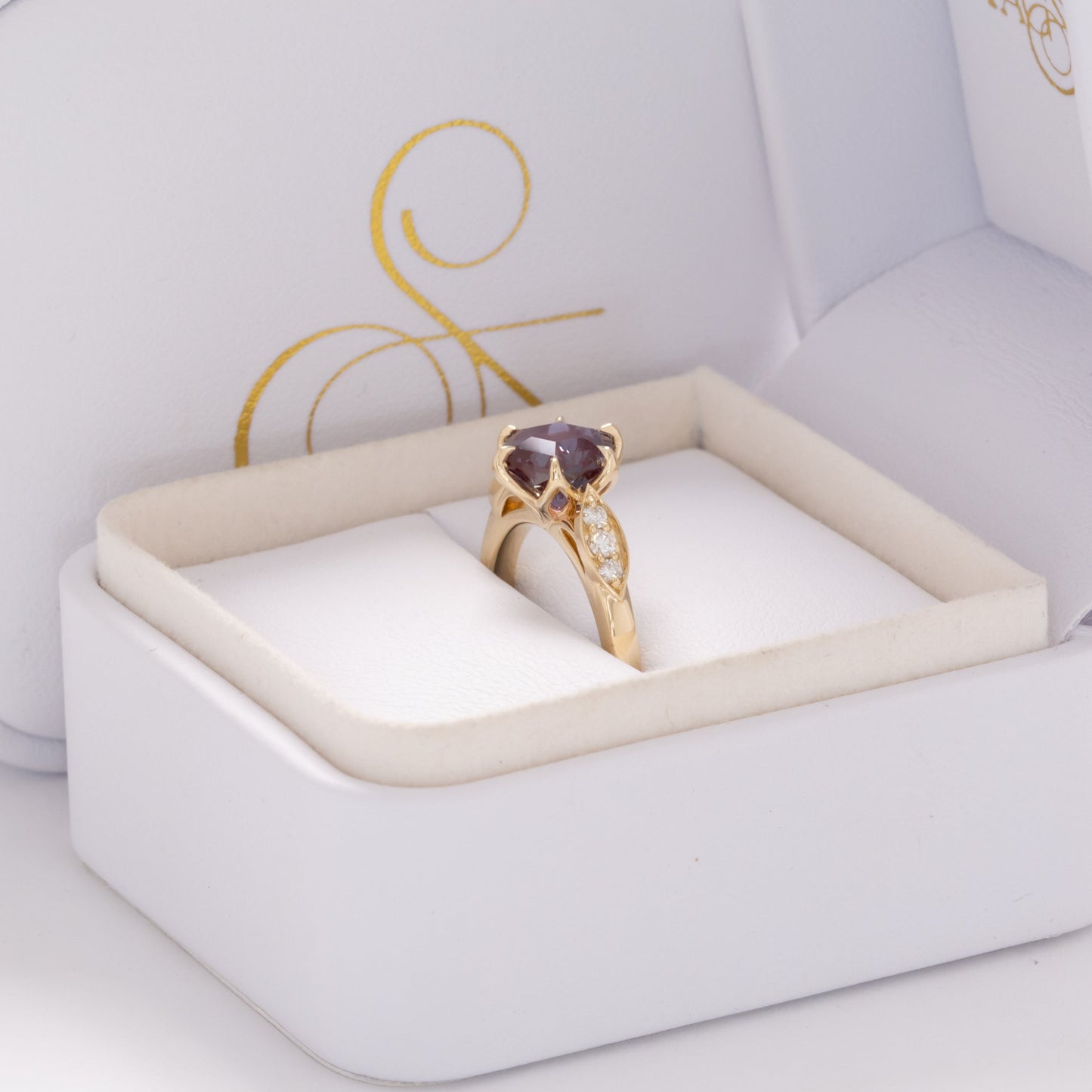 tabitha nature inspired engagement ring with hex cut lab alexandrite