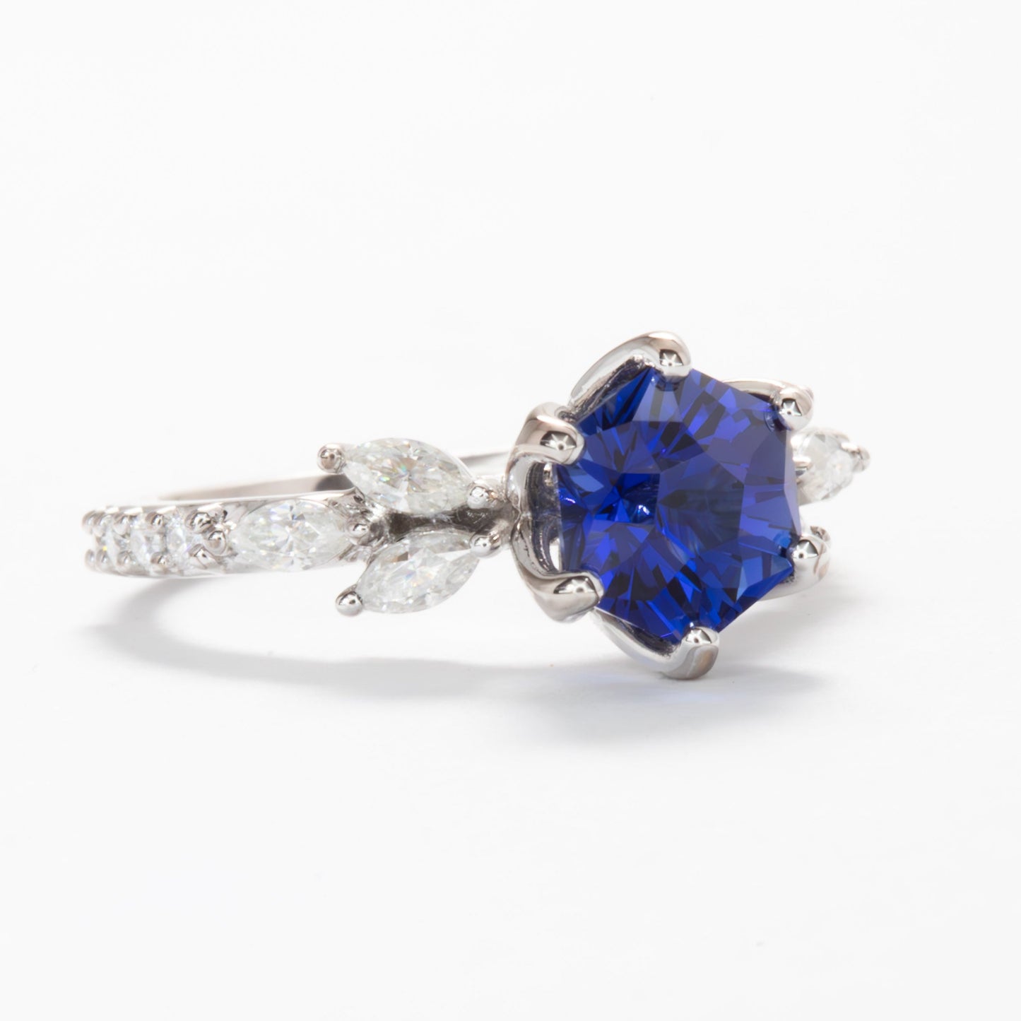 talia engagement rign with royal blue lab sapphire
